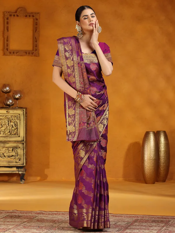 Purple silk zari worked saree