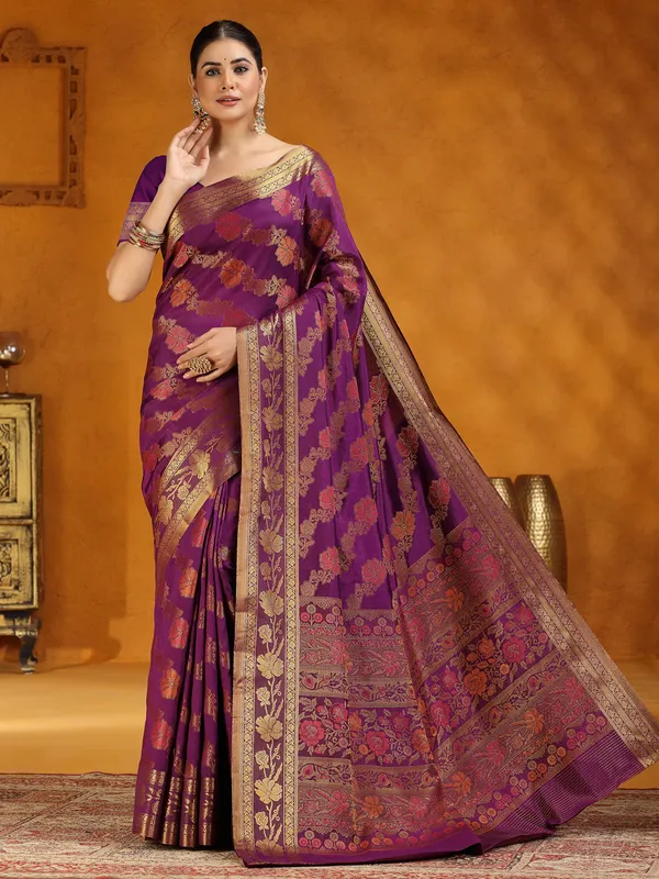 Purple silk zari worked saree
