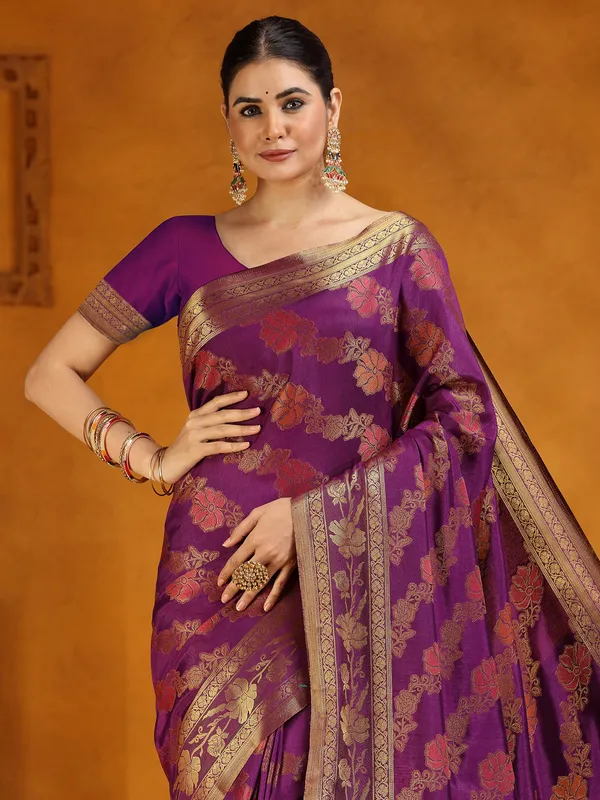 Purple silk zari worked saree