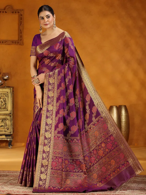 Purple silk zari worked saree