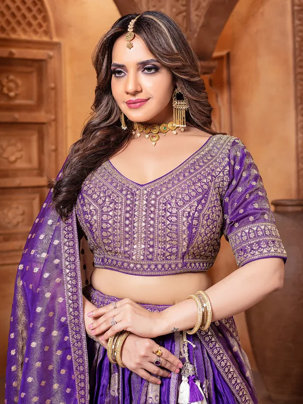 Purple silk zari worked silk lehenga choli