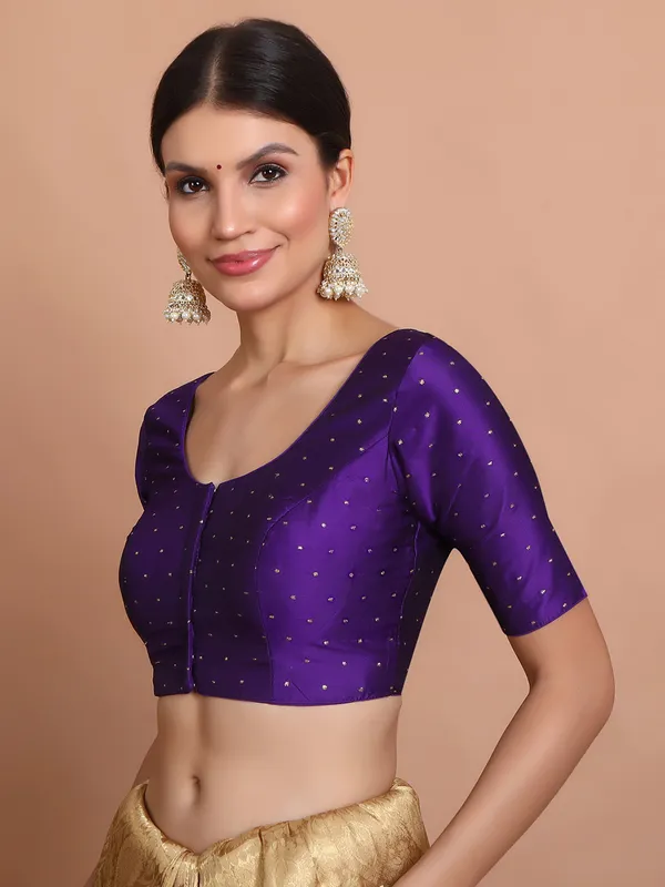 Purple silk zari woven ready made blouse with round neck