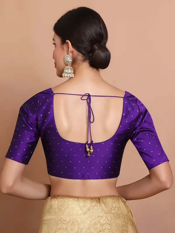 Purple silk zari woven ready made blouse with round neck