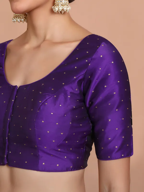 Purple silk zari woven ready made blouse with round neck