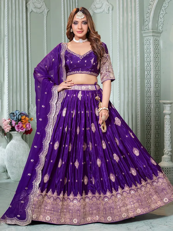 Purple sweetheart neck crepe silk lehenga choli