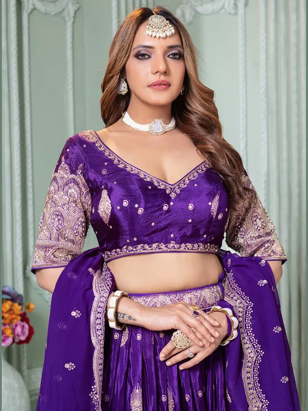 Purple sweetheart neck crepe silk lehenga choli