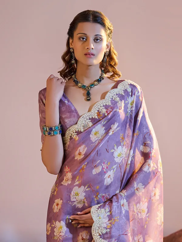 Purple tissue silk printed saree