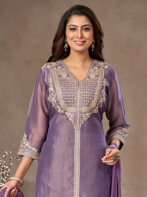 Purple tissue silk salwar suit with v neckline