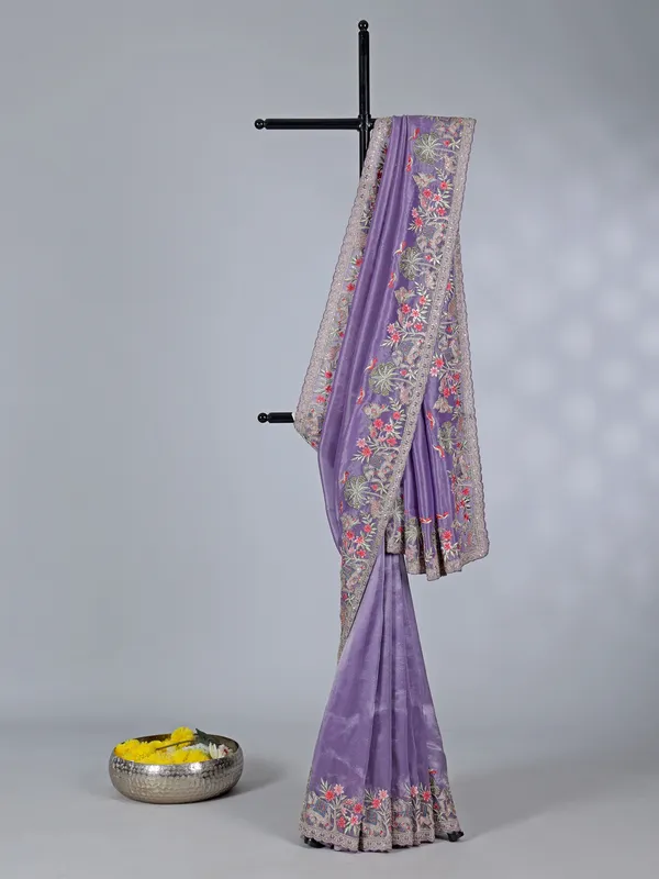 Purple tissue silk saree with elephant embroidery magic