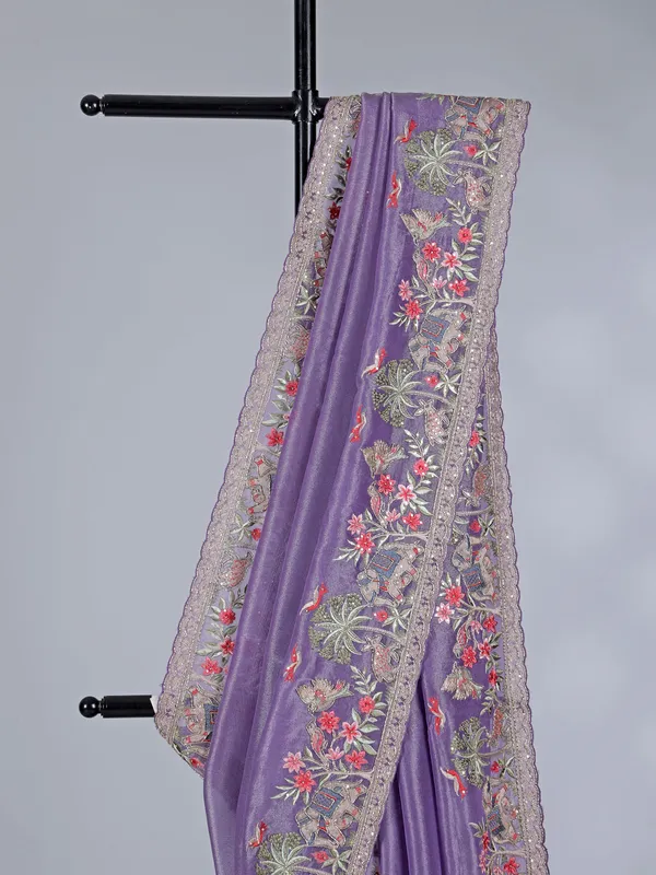 Purple tissue silk saree with elephant embroidery magic