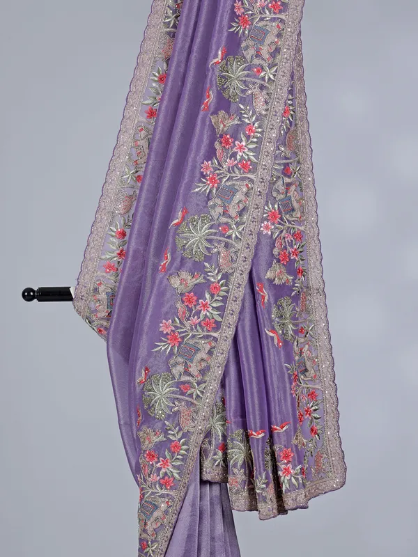 Purple tissue silk saree with elephant embroidery magic