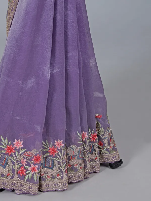Purple tissue silk saree with elephant embroidery magic