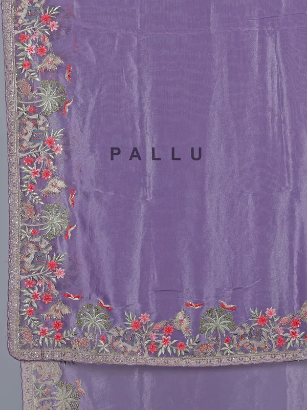 Purple tissue silk saree with elephant embroidery magic