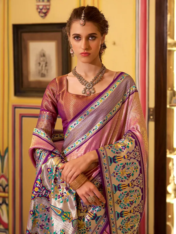 Purple tissue silk saree with printed zari weaving