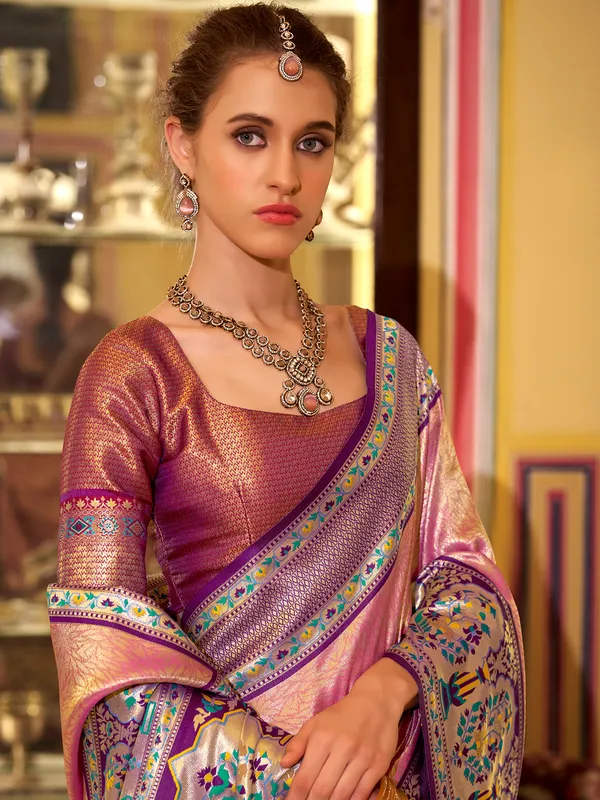 Purple tissue silk saree with printed zari weaving