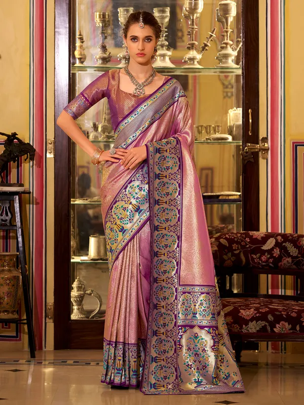 Purple tissue silk saree with printed zari weaving