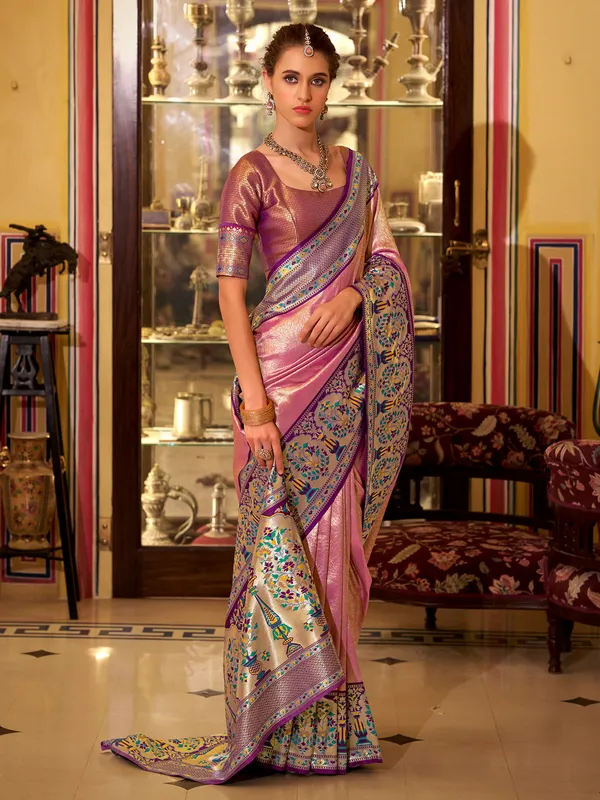 Purple tissue silk saree with printed zari weaving