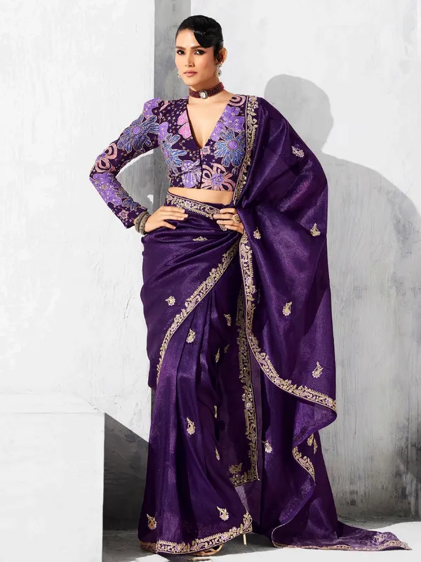 Purple tissue silk saree with resham work