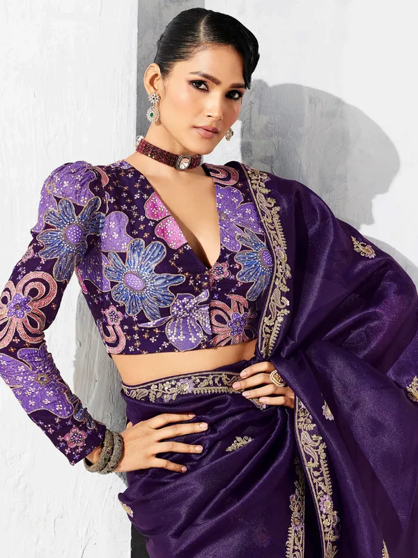 Purple tissue silk saree with resham work