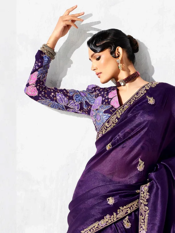 Purple tissue silk saree with resham work