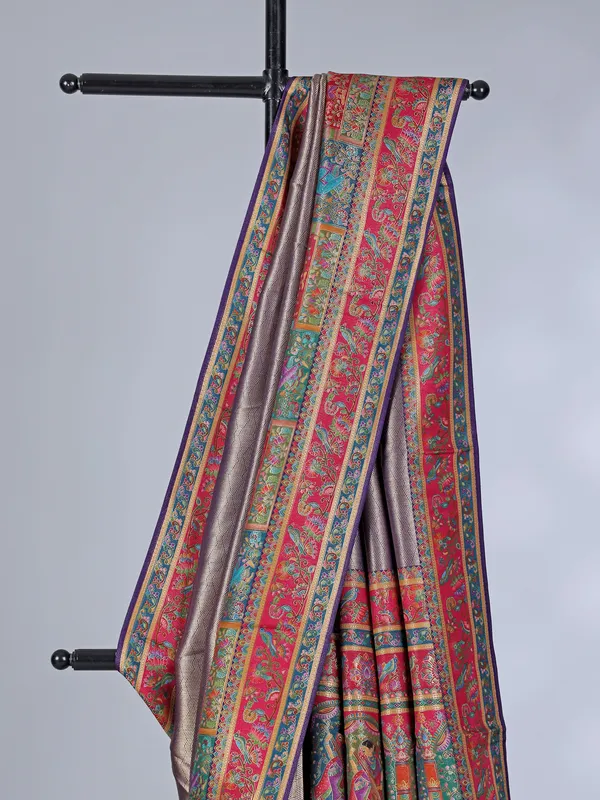 Purple tissue silk wedding wear with colorful motif weaving