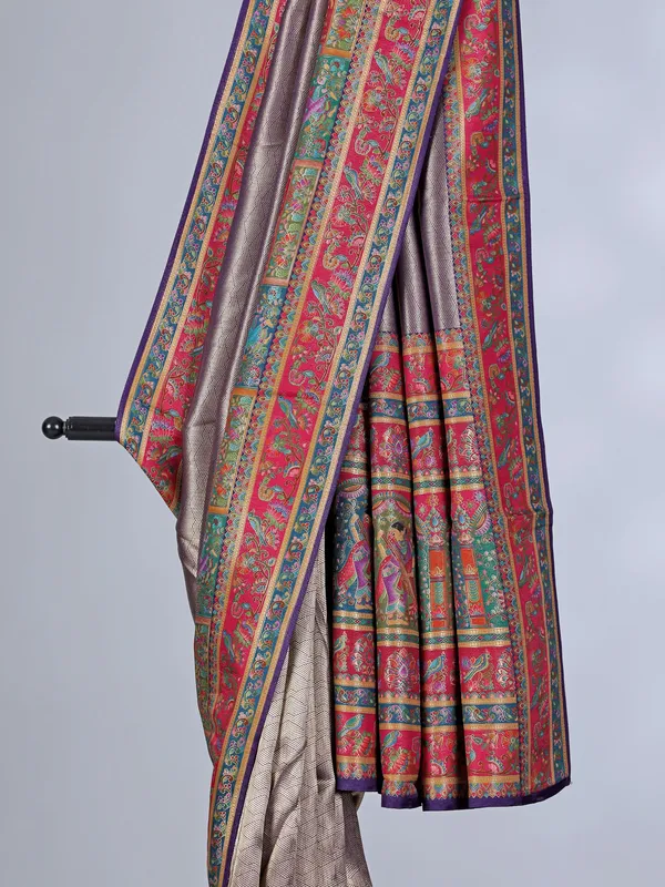 Purple tissue silk wedding wear with colorful motif weaving