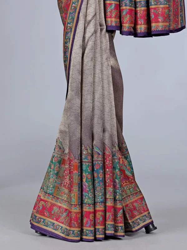 Purple tissue silk wedding wear with colorful motif weaving