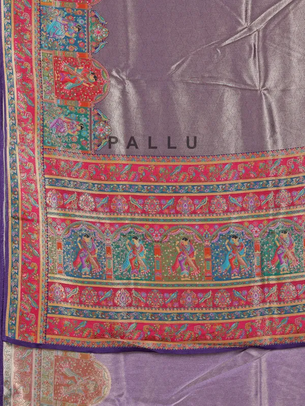 Purple tissue silk wedding wear with colorful motif weaving