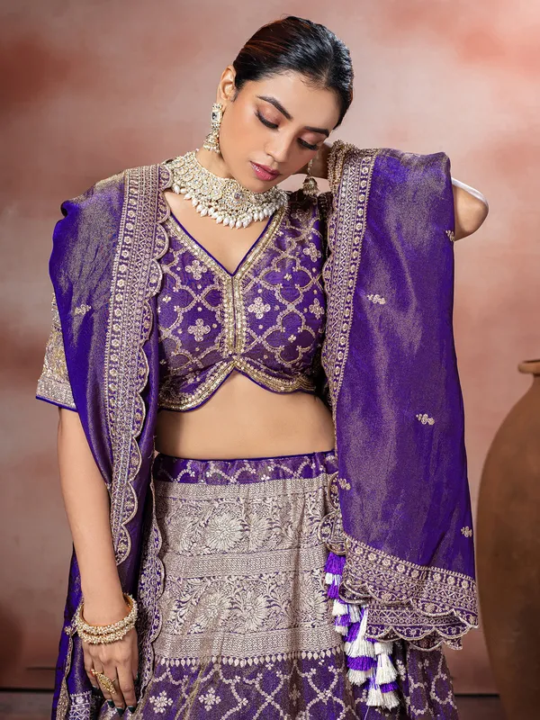 Purple tissue silk zardosi lehenga choli