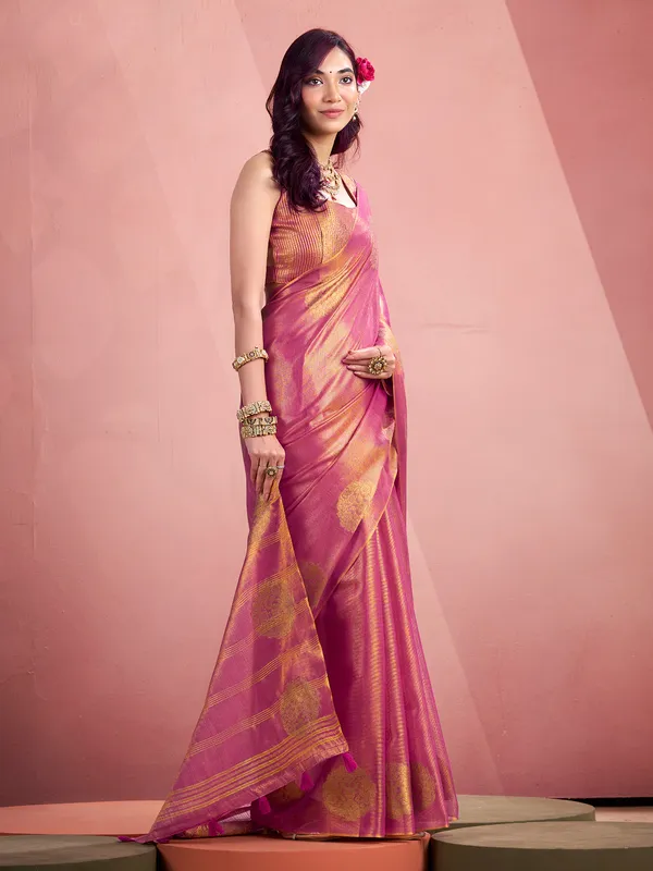 Purple tisuue silk festive wear saree
