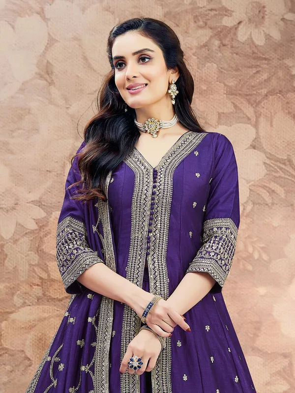 Purple V neck silk palazzo suit with dupatta