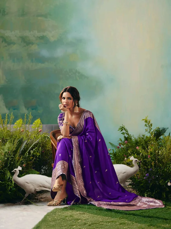 Purple viscose dola silk saree with resham and zari work
