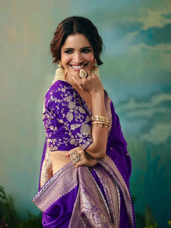 Purple viscose dola silk saree with resham and zari work