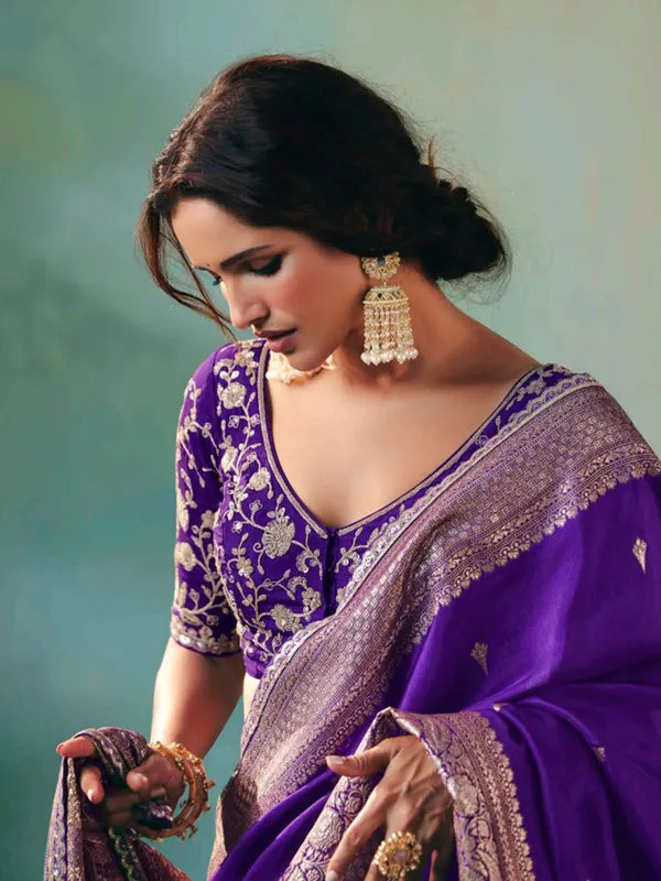 Purple viscose dola silk saree with resham and zari work