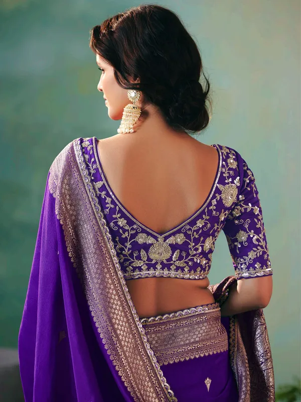 Purple viscose dola silk saree with resham and zari work