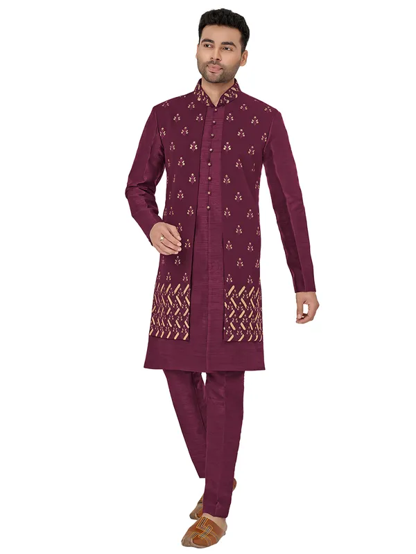 Purple wedding look indowestern in silk