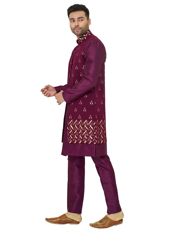 Purple wedding look indowestern in silk