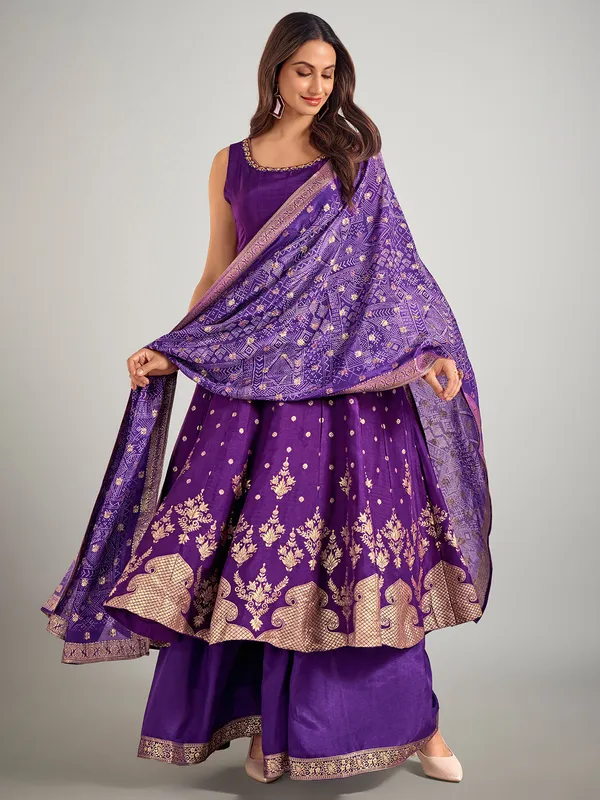 Purple wedding wear silk palazzo suit in silk