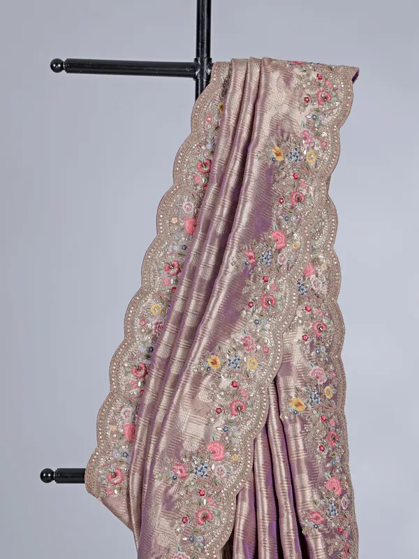 Purple wedding wear tissue silk saree with resham and thread work