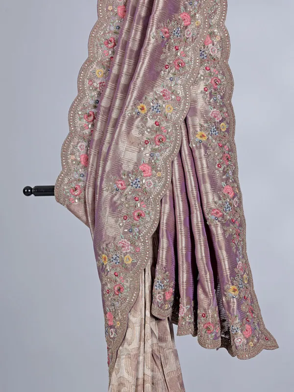 Purple wedding wear tissue silk saree with resham and thread work
