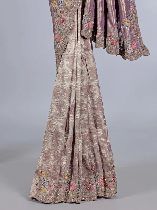 Purple wedding wear tissue silk saree with resham and thread work