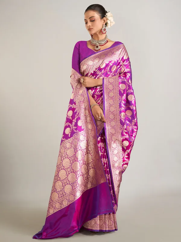 Purple zari weaving banarasi silk saree