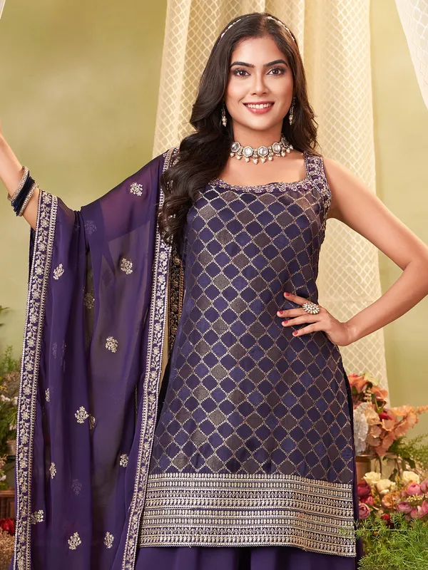 Purple zari weaving palazzo suit with dupatta