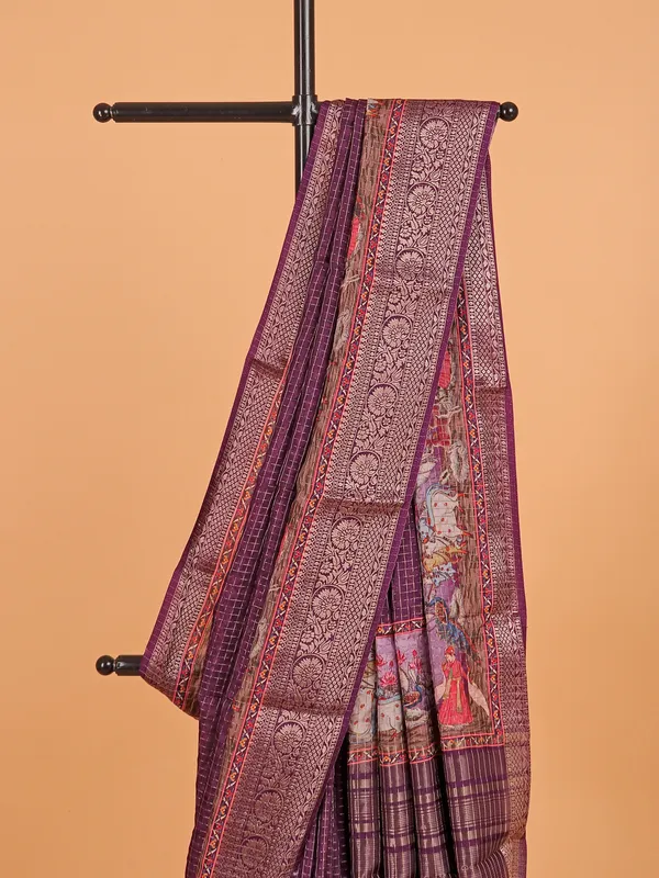Purple zari worked printed saree in semi dola silk