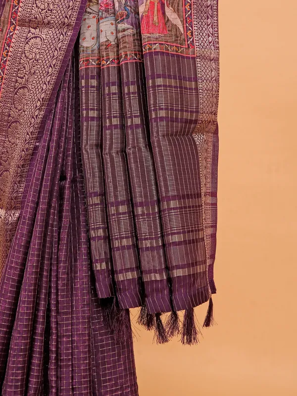 Purple zari worked printed saree in semi dola silk
