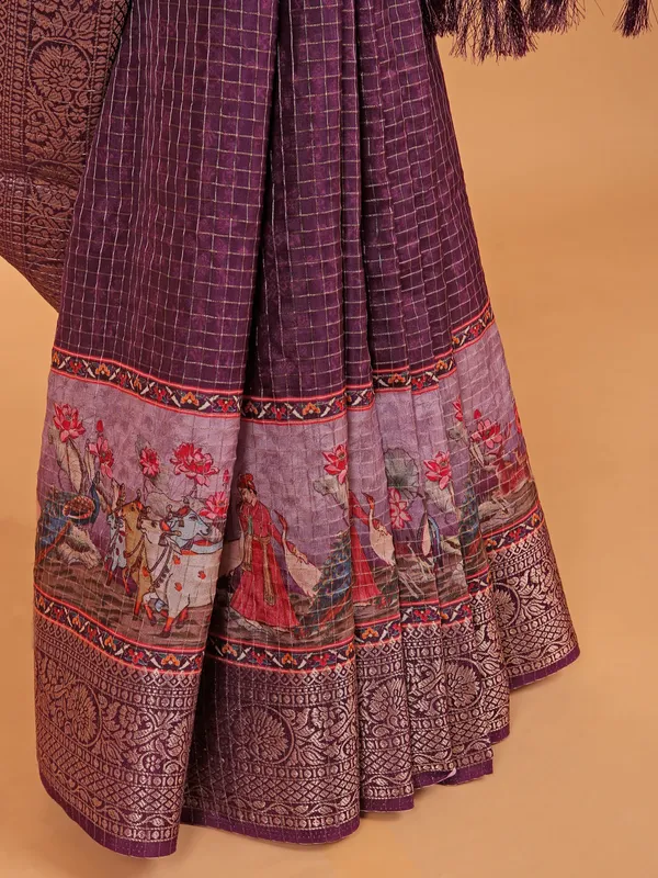 Purple zari worked printed saree in semi dola silk