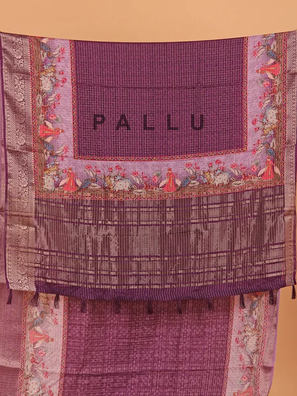 Purple zari worked printed saree in semi dola silk