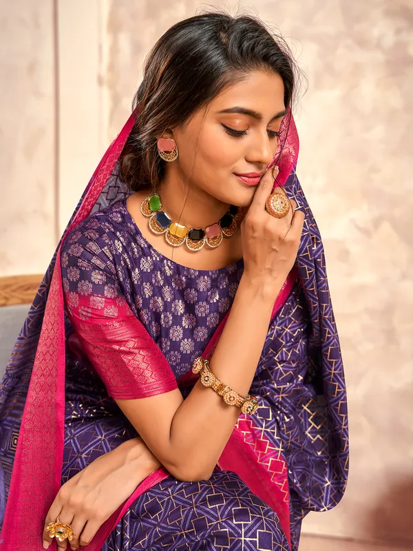 Purple zari worked saree in dola silk for women
