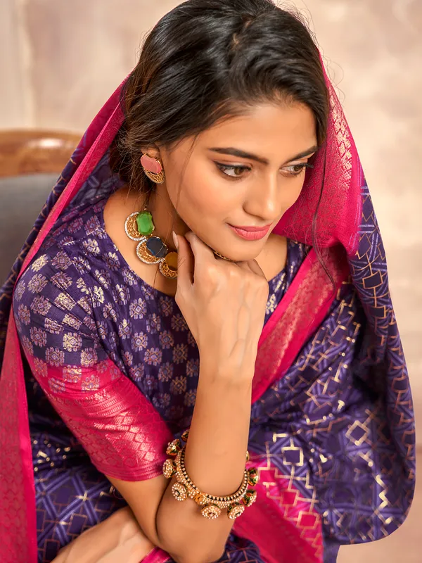 Purple zari worked saree in dola silk for women