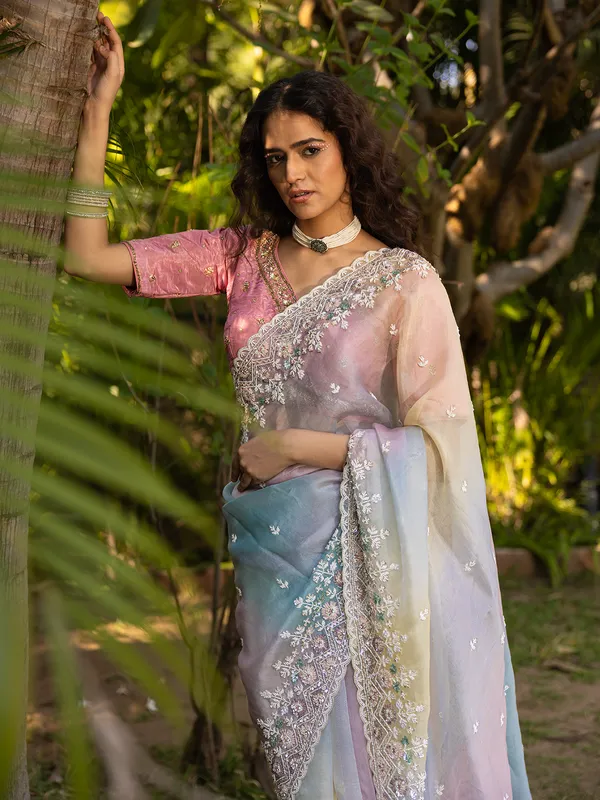 Radiant grace organza saree in mint blue and pink